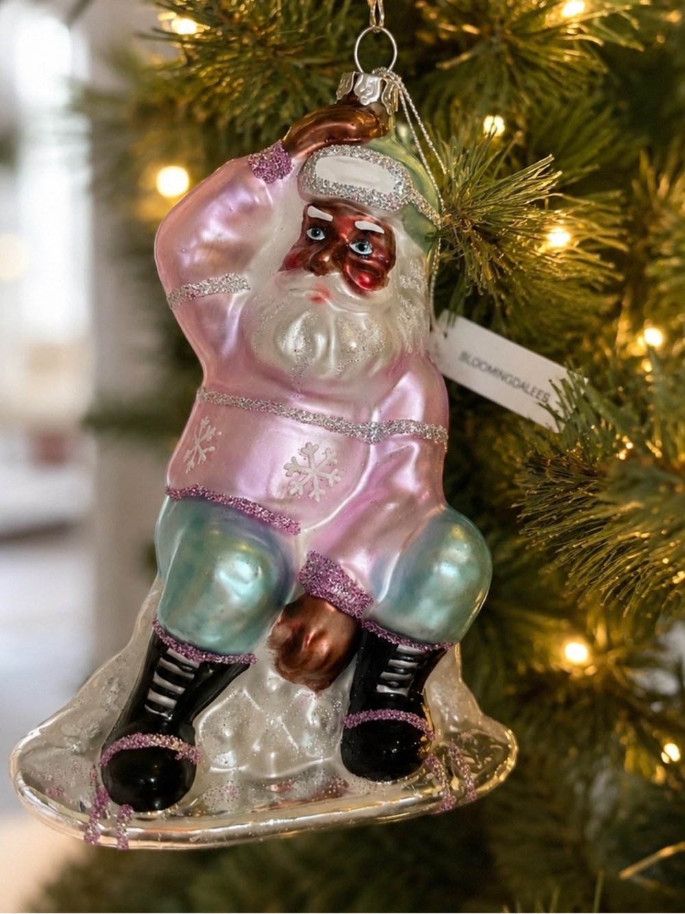 Bloomingdale’s Black Santa Glass Ornament Winter Sports Pink Mint Christmas NWT
